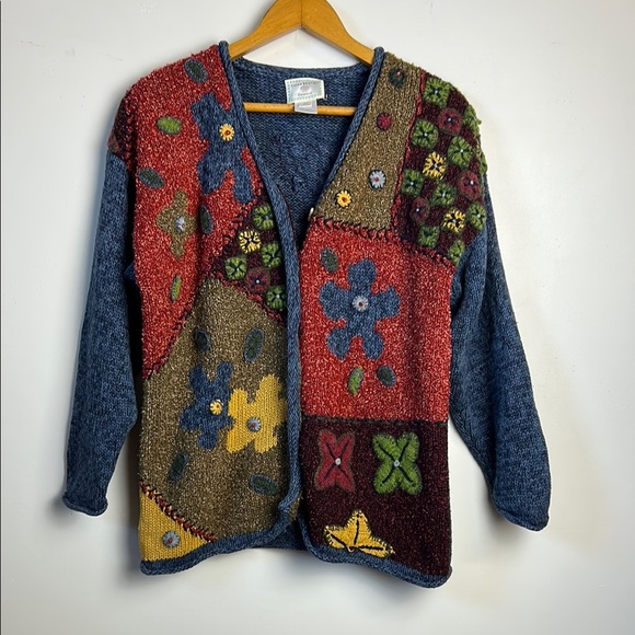 VTG Y2K Susan Bristol Colorful Size PS Patchwork Women's Cardigan Sweater Floral - Picture 1 of 14